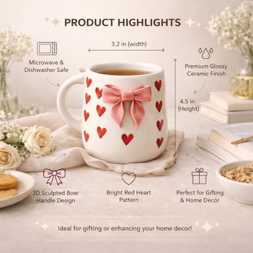 Image of The Deluxe Creations Ceramic Coffee Mug Set of 2 | Handcrafted Bow & Heart Design | Elegant Gift-Style Tea & Coffee Cups | Ideal for Gifting, Couples & Home Decor (Pink Bow Design)