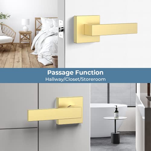 Sagaiot 6 Pack Passage Door Knobs, Gold Satin Brass Door Handles Keyless Closet Door Knobs, Interior Door Lever, Heavy Duty Modern Door Levers #TOP5