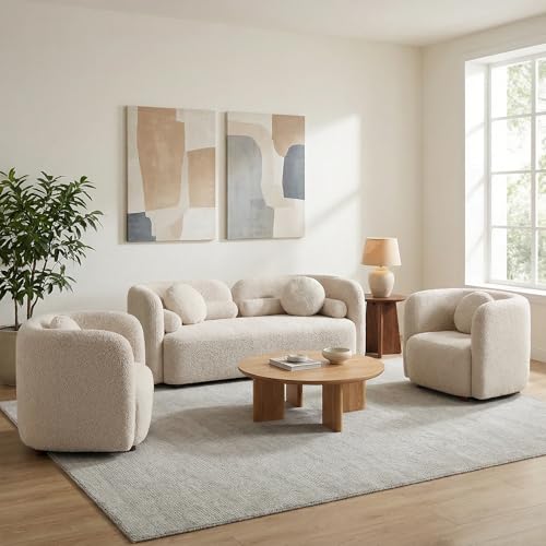 Image of 2026 New Beige Boucle Loveseat Sofa Set, 3-Piece Living Room Seating Set - 2 Seater Sofa + 2 Single Chairs, Solid Wood Frame Modern Couches with Pillows
