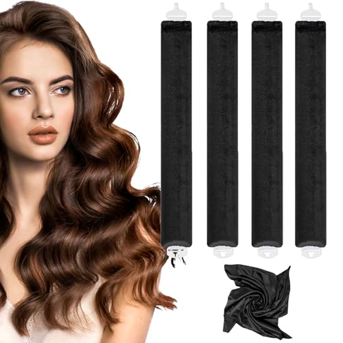 Heatless Hair Curlers Set, 4 Pcs Jumbo Soft Velvet Curlers to Sleep In, Overnight No Heat Curling Rods for Long Hair, Loose Curls and Blowout Waves