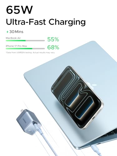 Image of UGREEN Nexode Air 65W USB C Charger, Foldable Mini Charger Block Fast Charging with USB C Cable, GaN Charger for MacBook Air /Neo /Pro, iPhone 17 16, Galaxy S26 /S25, iPad, Blue