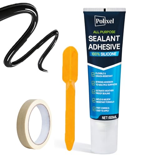 POLIXEL Black RTV Silicone Sealant Adhesion – 100% Silicone Caulk, Waterproof & Flexible Caulk for Car, Bathroom, Kitchen, Window & Plumbing – High Temperature, Strong Adhesion – 5oz/150g