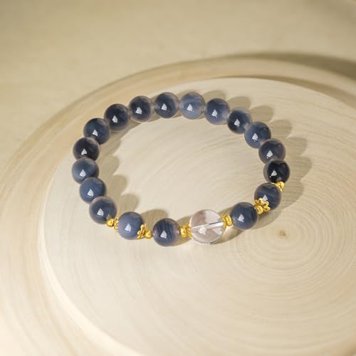 Sterling Silver Bracelet Chalcedony Beaded Bracelet Healing Crystal Bracelets Protection Bracelets Natural Gemstone Stretch Bracelet for Unisex Lover Birthday Aniversary 6.7inch/17cm3