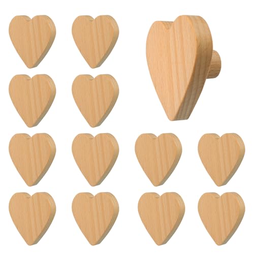 MOROBOR 12PS Heart Shaped Wooden Knobs, Single Hole Beech Wood Handles Decorative Cupboard Cabinet Pull Knobs for Chest of Drawers with Screws& Expansion Tube