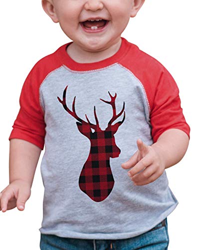 7 Ate 9 Apparel Youth Plaid Deer Christmas Raglan Shirt Red Small #TOP2