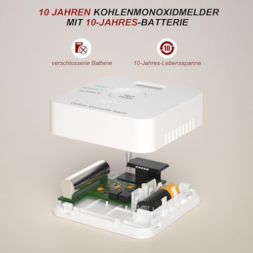 Kohlenmonoxid Melder, 10-Jahres-Batterie CO melder mit LCD-Display und Silent-Test-Taste, EN50291 konform, Kohlenmonoxid-Warner (TCS0202A)