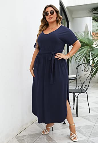 Image of Nemidor Womens Casual Plus Size Tie Waist Slit Long Maxi Dress with Pockets NEM313