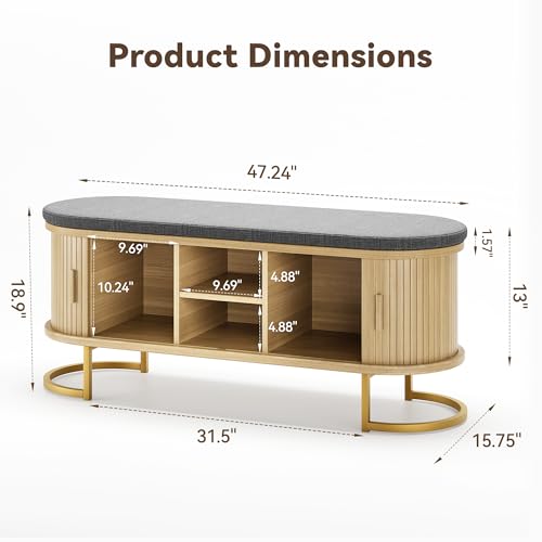 Decofy 47.2\'\' Entryway Storage Bench Seat with Sliding Door, Large Shoe Bench with Sturdy Metal Feet & Soft Cushion, Multi-Scene Use for Entrance, Bedroom & Living Room(Oak)