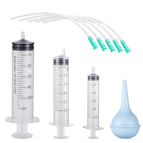 9-Piece Puppy Tube Feeding Kit Includes 5 Feeding Tubes 3 Syringes (10ml 30ml 60ml) & 1 Bulb Syringe Ideal for Small Pets Kittens Lambs & Whelping Care