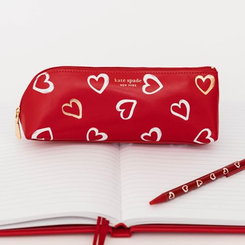 Image of kate spade new york Pen and Pencil Case with Office Supplies for Adults, Zip Pouch Includes 2 Pencils, Sharpener, Eraser, and Ruler, Brushstroke Hearts
