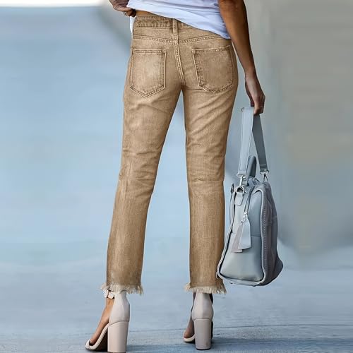 Straight Leg Jeans for Women High Rise Ladies Frayed Hem Boyfriend Jeans Denim Ankle Pants with Pockets3
