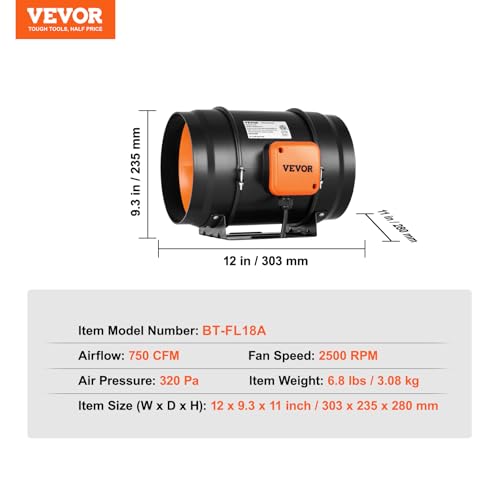 Image of VEVOR Inline Duct Fan, 8-Inch 750 CFM with Variable Speed Controller, Quiet AC-motor Ventilation Exhaust Fan for Cooling Booster, Grow Tents, Hydroponics