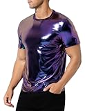 Arjen Kroos Men's Sexy Shiny Metallic T-Shirts Short Sleeve Sparkly Shirts Disco Holographic Tops,Purple,Large