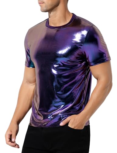 Image of Casey Kevin Mens Metallic T-Shirts 70s Disco Outfits for Mens Holographic Short Sleeve Shiny Tops,Purple-M