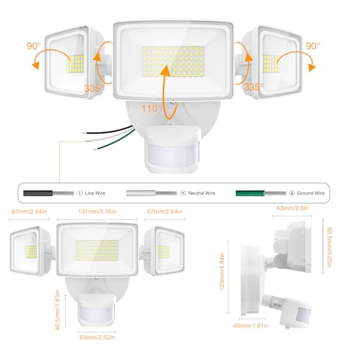 Onforu 75W LED Flood Light Motion Sensor Outdoor, 7000lm Dusk to Dawn Flood Light, Security Light with Three Head, IP65 Waterproof Exterior Floodlight, 6500k Wall Light for Entryway Stairs Yard Garage by Onforu - Image 9