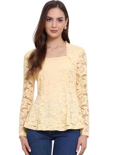 Allegra K Lace Tops for Women's Square Neck Long Sleeve Stertch