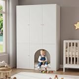Merax 3-türiger Kinderkleiderschrank, Garderobenschrank mit Kleiderstange und integrierter Haustierhöhle, Viel Stauraum für Kinderzimmer, 120x50x200 cm, Weiß