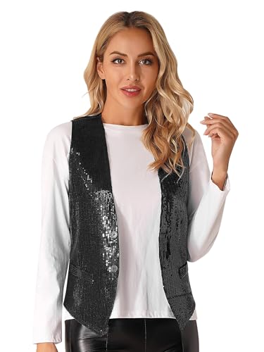 JEYPINMI Women's Sparkle Sequins Waistcoat Open Front Jacket Sleeveless Coat Vest Tops4