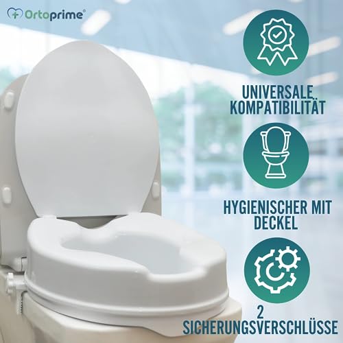 OrtoPrime Toilettensitzerhöhung 10cm mit Deckel Orthopädischer Toilettensitz mit seitlichen Sicherheitsverriegelungen - WC Sitzerhöhung für Senioren universeller Toilettenlift