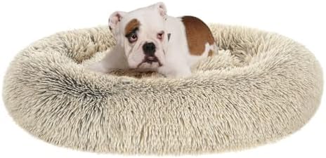 FEANDREA Hundebett flauschig, waschbar, Langer Plüsch, 90 cm Durchmesser | Hundebett, Donut Kissen, Polsterung in der Mitte herausnehmbar, Sandbeige, Bobbee Kollektion PGW041S01