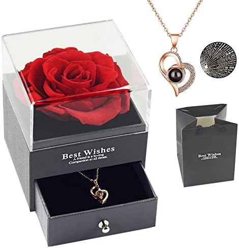 Preserved Rose with I Love You Necklace Gift Box - Enchanted Real Rose Petals Romantic Gifts for Her Girlfriend Wife Mum on Valentine's Day Mother's Day Anniversary Birthday Christmas