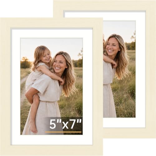 Vittanly 5x7 Picture Frame, Solid Wood Frame with Mat, White Wood, 2 Pack