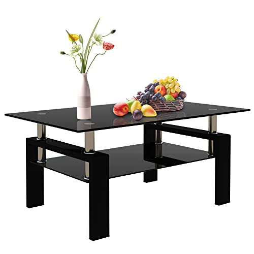 Glass Coffee Table For Living Room, Mordern End Table 2 Layer Sofa Center Side Tables With Rectangle Tempered Glass Top And Black Metal Leg Home Office #TOP6