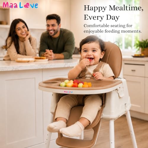 Image of Maa Love 4-in-1 Baby High Chair for 0-5 Years, Adjustable Height Feeding Chair with Detachable Tray, One-Hand Fold, Multifunctional High Chair (Brown)