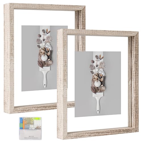 MUYE 8x10 Floating Frame Distressed Beige White Wood Pattern,Double Glass Picture Frame Set of 2 Display Any Size Photo up to 8x10,Wall Mount or Tabletop Stand