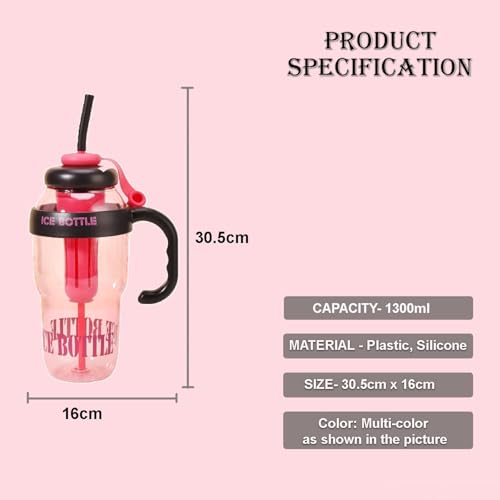 Image of Colorful Ice Bottle with Straw - 1300ml Large Capacity, BPA-Free, Heat-Resistant, Portable & Stylish Water Bottle with Handle - Ideal for Kids, Students, Adults, Outdoor & Gym Use {MULTICOLOUR}