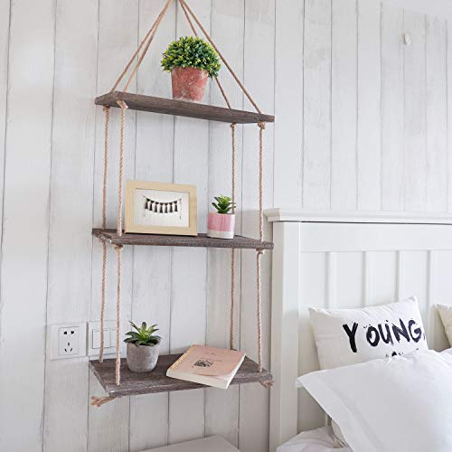 TIMEYARD Decorative Wall Hanging Shelf, 3 Tier Distressed Wood Jute Rope Floating Shelves, Rustic Home Wall Decor