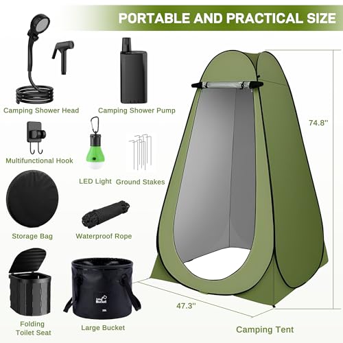 Portable Camping Shower, Pop Up Privacy Tent Kit with LED Light and Foldable Toilet, 6000mAh LCD Screen Shower Pump, 5.3 Gallons Bucket, Outdoor Shower for Hiking, Travel, Car
