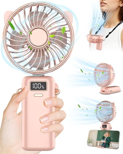 Kouric Ventilador de Mano USB,Ventilador Portátil de Mano 3 en 1,Mini Ventiladores Plegable,Hand Fan con Base,Ventiladores Portátil Recargable-Rosa
