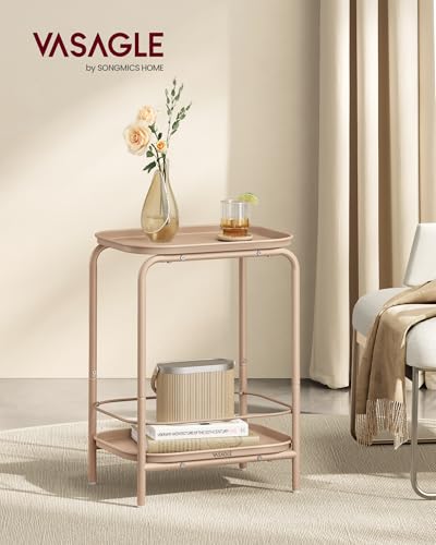 VASAGLE 2-Tier Outdoor Table, Small Side End Table with Tray Storage, Bedside Nightstand for Living Room, Bedroom, Modern Style, Camel Brown ULET243K01 image 2