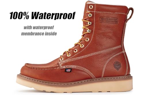 Image of SUREWAY 8in Waterproof Moc Toe Work Boots for Men Soft Toe,Premium Full Grain Leather,Safety Wedge Work Boots /Shoes,Comfort Insole,Oil /Slip Resistant,Industrial Construction Boots LT BROWN