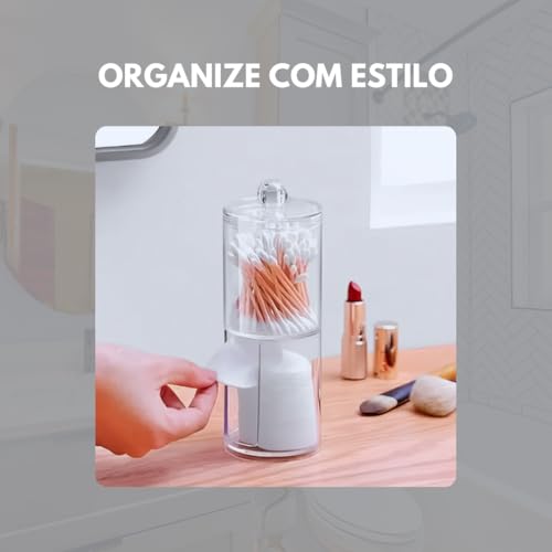 Porta Algodão e Cotonete com Tampa Transparente Organizador Duplo em Plástico Reforçado para Banheir