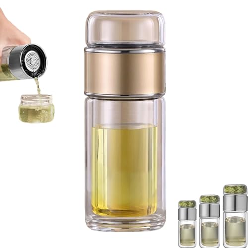 Tea Infuser, 3 in 1 Smart Tea Maker for Loose Leaf Tea Steeper, Double-Layered Glass Tea Infuser Bottle(Gold,280m)