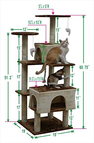 Go Pet Club 61" Cat Tree Kitty Scratcher Kitten Tower House Furniture With Two Condo Beds For Indoor Cats, Beige/Brown #TOP1