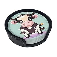 Leuke zwarte koe grappige onderzetters, 6 stuks lederen onderzetters met houder, perfecte housewarming gastvrouw geschenken