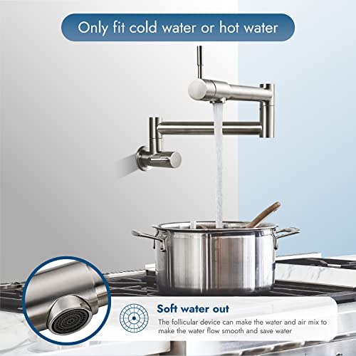 Cinwiny Pot Filler Brushed Nickel Wall Mounted Folding Stretchable Kitchen Restaurant Sink Faucet With Double Joint Swing Arm Single Hole Two Handles Commercial Npt Stainless Steel #TOP4