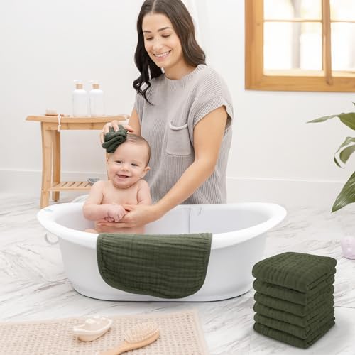 Image of Comfy Cubs Muslin Baby Washcloths 6 Pack - Soft 6-Layer Cotton Wash Cloths for Sensitive Skin - 10 inchx10 inch Large, Gentle, Absorbent Infant Essentials for Newborn and Toddlers - Kelp