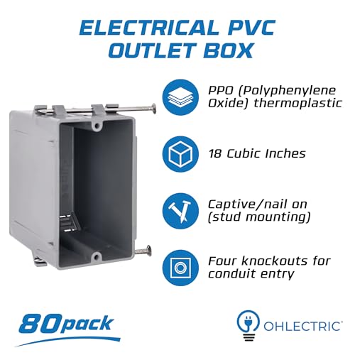 OHLECTRIC 1-Gang New Work PVC Electrical Outlet Box, Captive Nail Mounting, UL Listed (80, 18 Cu. in.) by OHLECTRIC - Image 2