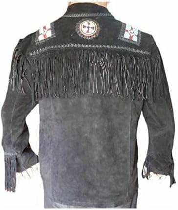 Traditional Western Genuine Suede Leather Jacket Men Native American Beads Black Fringe Cowboy Jacket for Sale