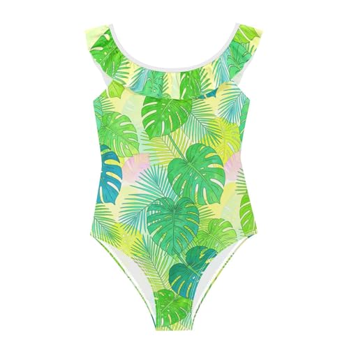 Maillot de bain pour fille à volants et motif feuilles de Monstera pour la plage