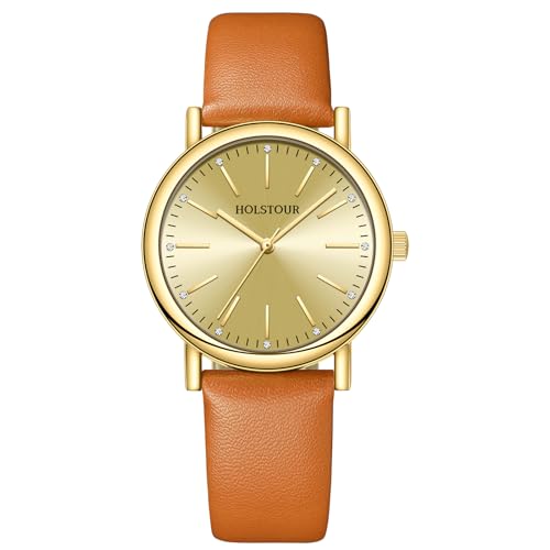 HOLSTOUR Gold Watches for Women Crystal Accented Fashion Watch with Brown Leather Band Gifts for Women