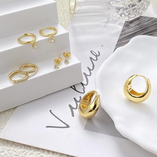 Bsoepnr 4 Pairs Gold Hoop Earrings Set for Women, Dainty 14K Gold Plated Small Huggie Stud Earrings Hypoallergenic Dangle Cartilage Huggie Hoop Earrings for Multiple Piercings4