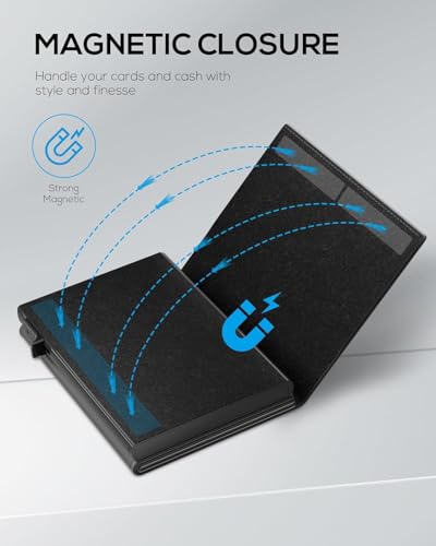 كاستويف محفظة حامل بطاقات للرجال - حافظة بطاقات رفيعة منبثقة مع حجب تحديد الهوية بموجات الراديو، جلد محبب علوي، نافذة لبطاقة الهوية، فتحة للنقود - محفظة جيب امامي بسيطة تسع 9-14 بطاقة (اسود)