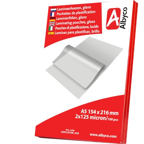 Albyco Fundas Plastificar   Laminas para plastificar  Película de Laminación  A5 (154x216 mm)   2x125 (250) Micras  100 Piezas    Plastificadora, A5 Hojas Plastificar  Brillante  Transparente