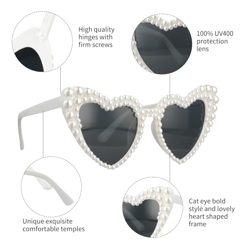 White Heart Sunglasses, Bride Sunglasses Wedding Accessories with Pearl Retro and Cute Suitable for Wedding Bachelor Party Gifts Can Be Used By Both Men and Women3