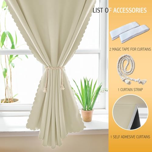 JILRON Adhesive Curtain 100% Blackout No-Drill Easy Install for Bedroom Blinds Light Blocking (Beige-35 W x 48